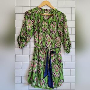 JADE MELODY TAM Green Pink Print Sheath Straight Belted Dress ¾ Sleeve Pullover